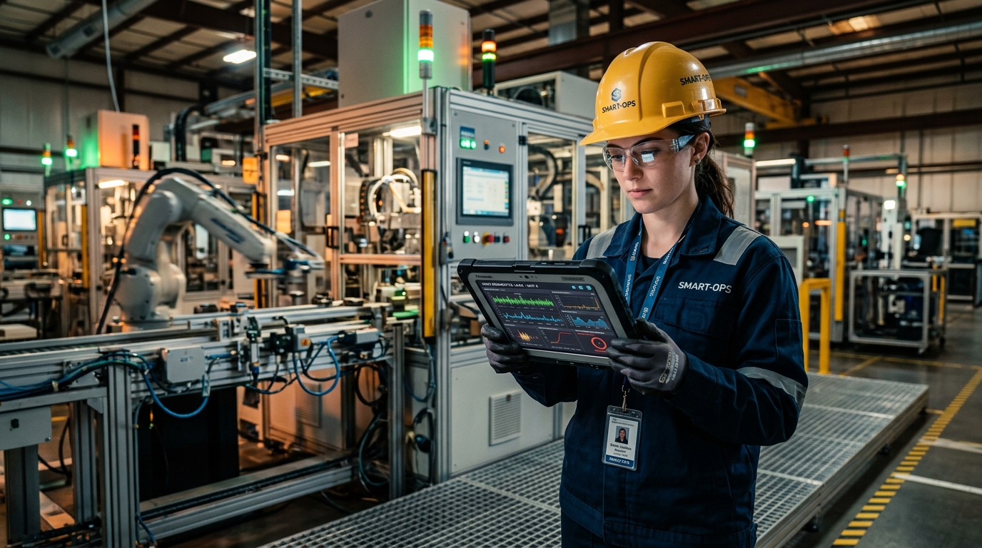 Ingeniera realizando mantenimiento predictivo con tablet